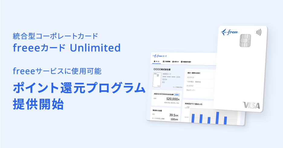 統合型コーポレートカード　freeeカード Unlimited　freeeサービスに使用可能　ポイント還元プログラム提供開始
