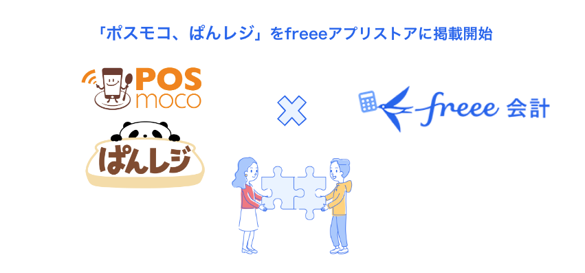 「ポスモコ、ぱんレジ」をfreeeアプリストアに掲載開始と書かれたロゴ