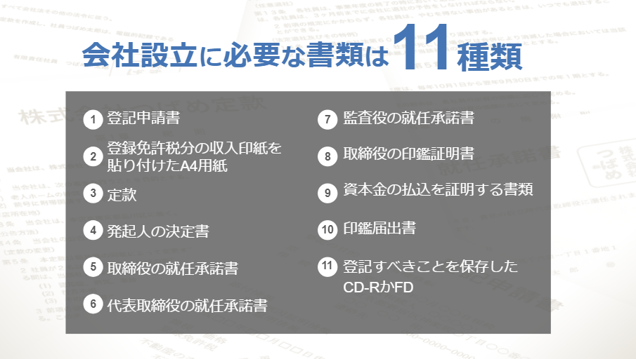 会社設立に必要な書類 は11種類