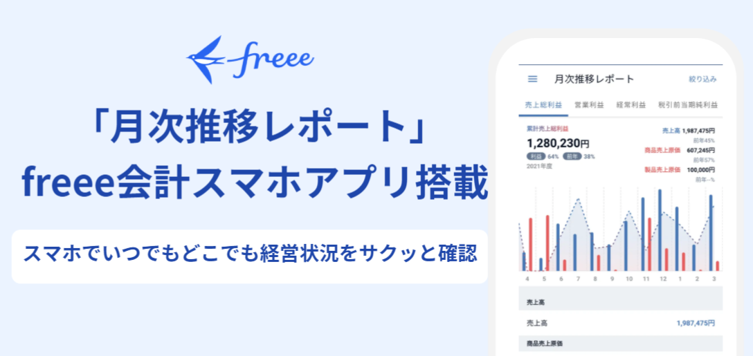 「月次推移レポート」freee会計スマホアプリ掲載　スマホでいつでもどこでも経営状況をサクッと確認
